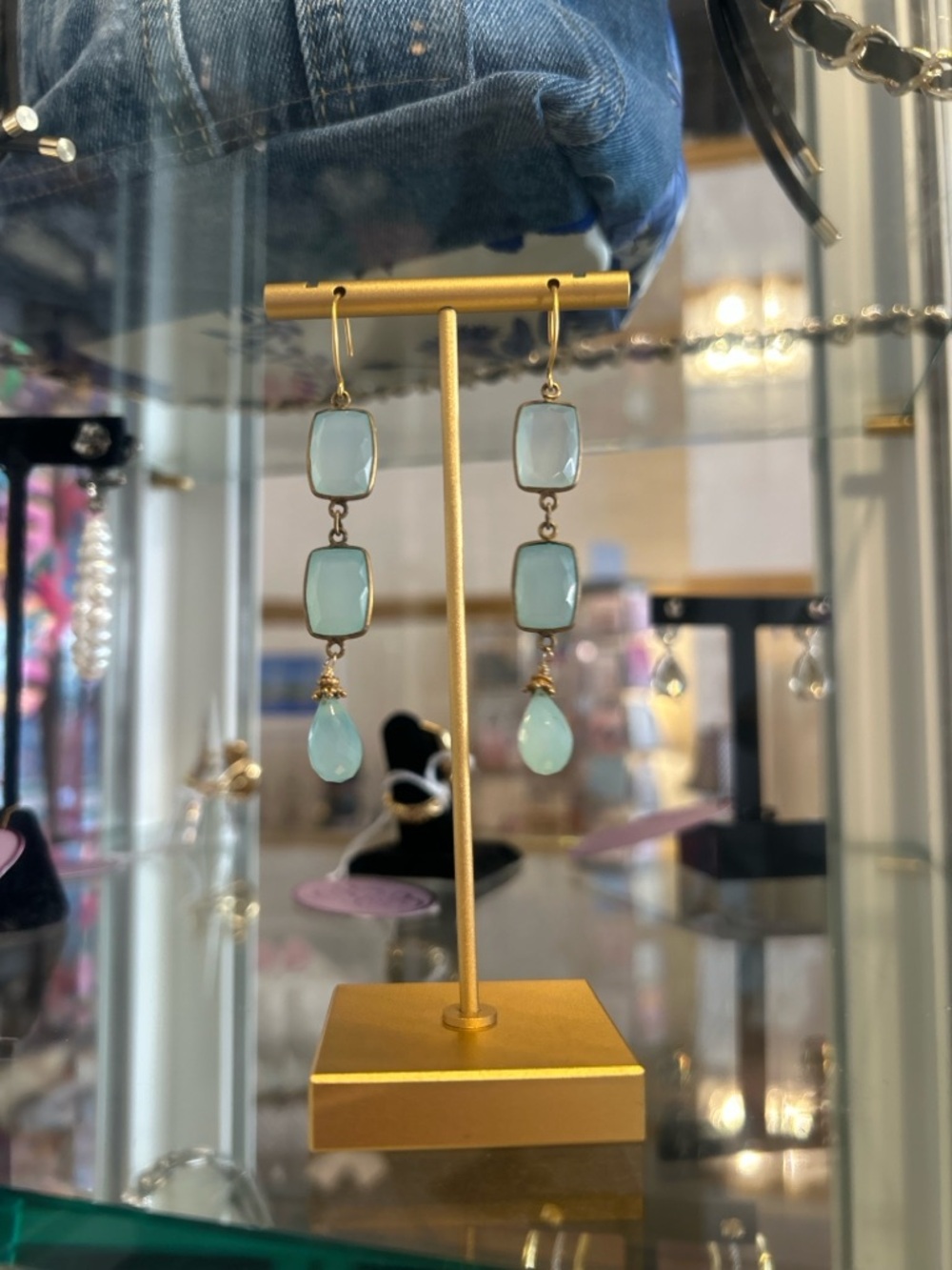 Genuine Blue Chalcedony Drop Triple-Dangle Earrings - Light Blue 14K Gold Filled